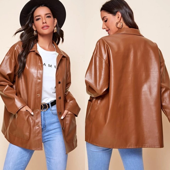 Vegan leather oversized boyfriend shacket black - Picture 4 of 6